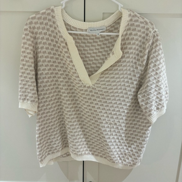 White + Warren lightly worn "Linen Cotton Blend Striped Split Neck T-shirt" - Picture 2 of 5